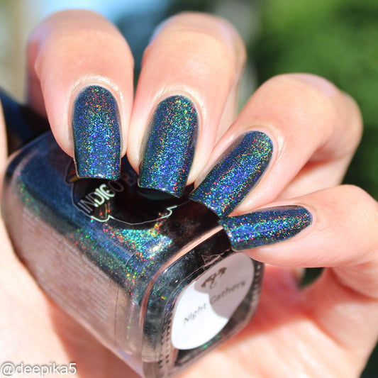 Night Gathers - inky blue-black linear holographic