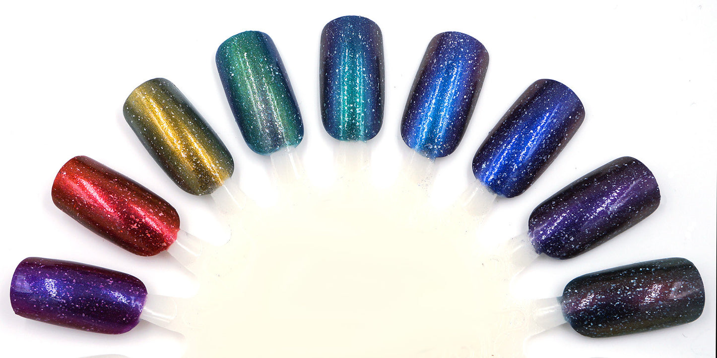 Where the Mountains Meet the Sea - brown/plum/inky blue multichrome linear holographic w/ flakies